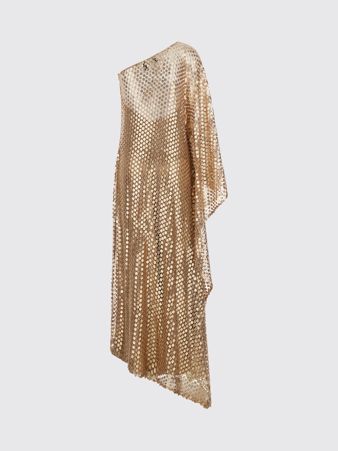 TALLER MARMO KLEID: Asymmetrisches langes Tunikakleid Taller Marmo aus Wollmischung mit Pailletten, Braun - Img 3