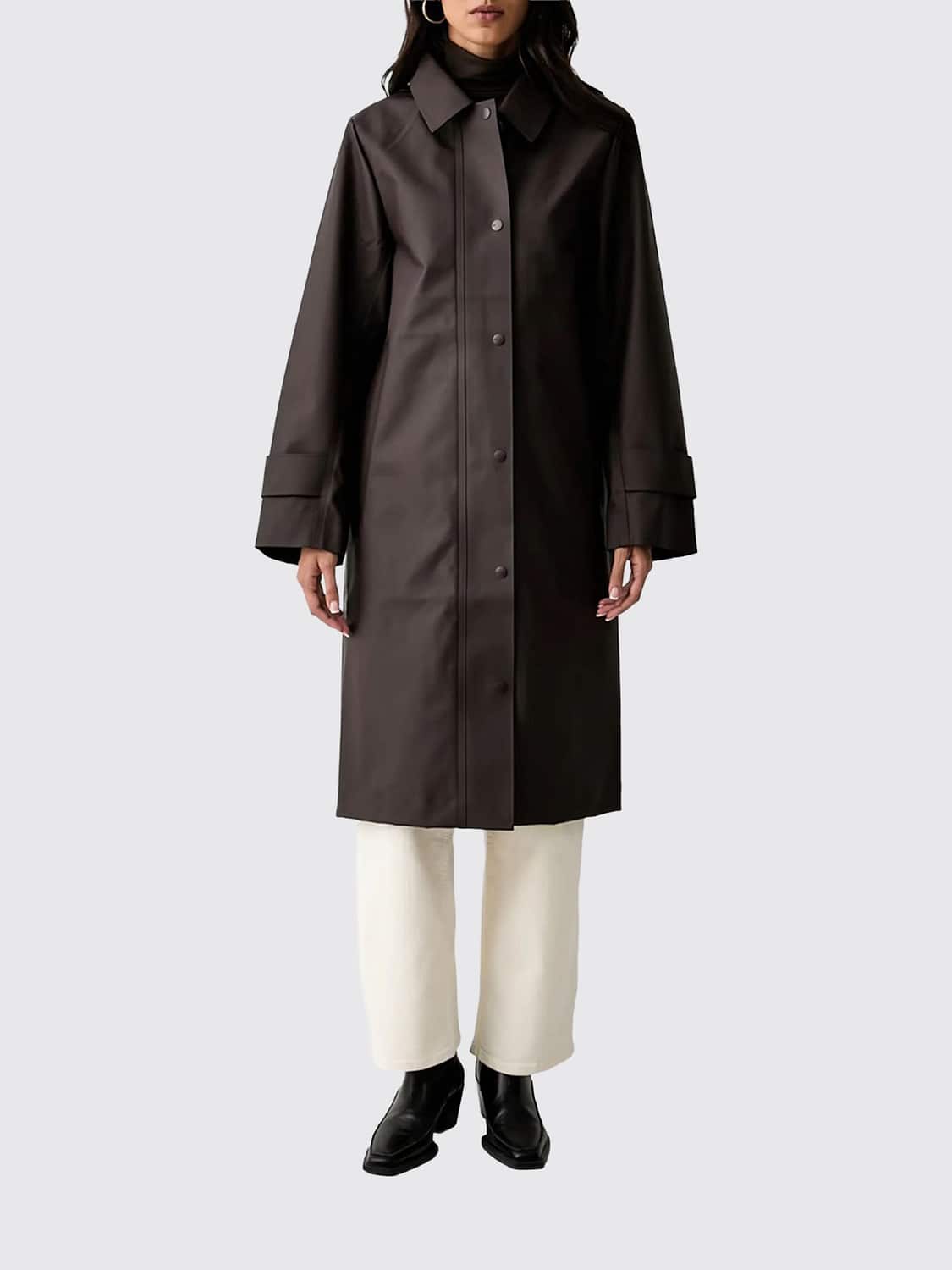 RAINS JACKET: Rains Nara Knee-Length Waterproof Coat with Hood and Concealed Buttons, Brown - Img 1