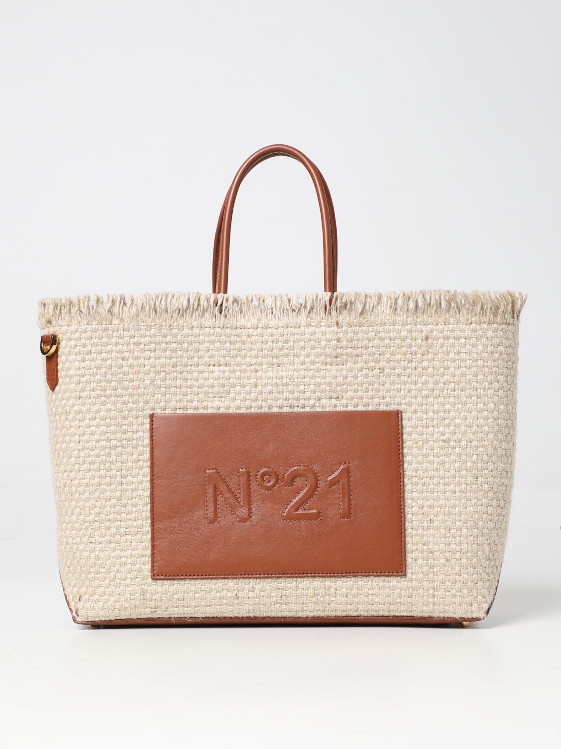 N° 21 BORSA A MANO: Borsa N° 21 in canvas e pelle, Beige - Img 1