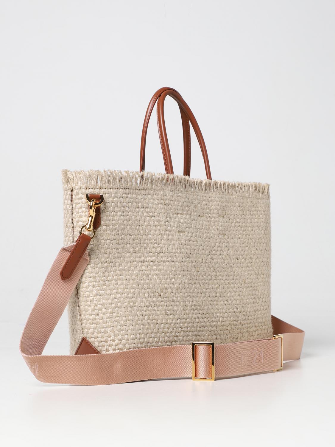 N° 21 BORSA A MANO: Borsa N° 21 in canvas e pelle, Beige - Img 2
