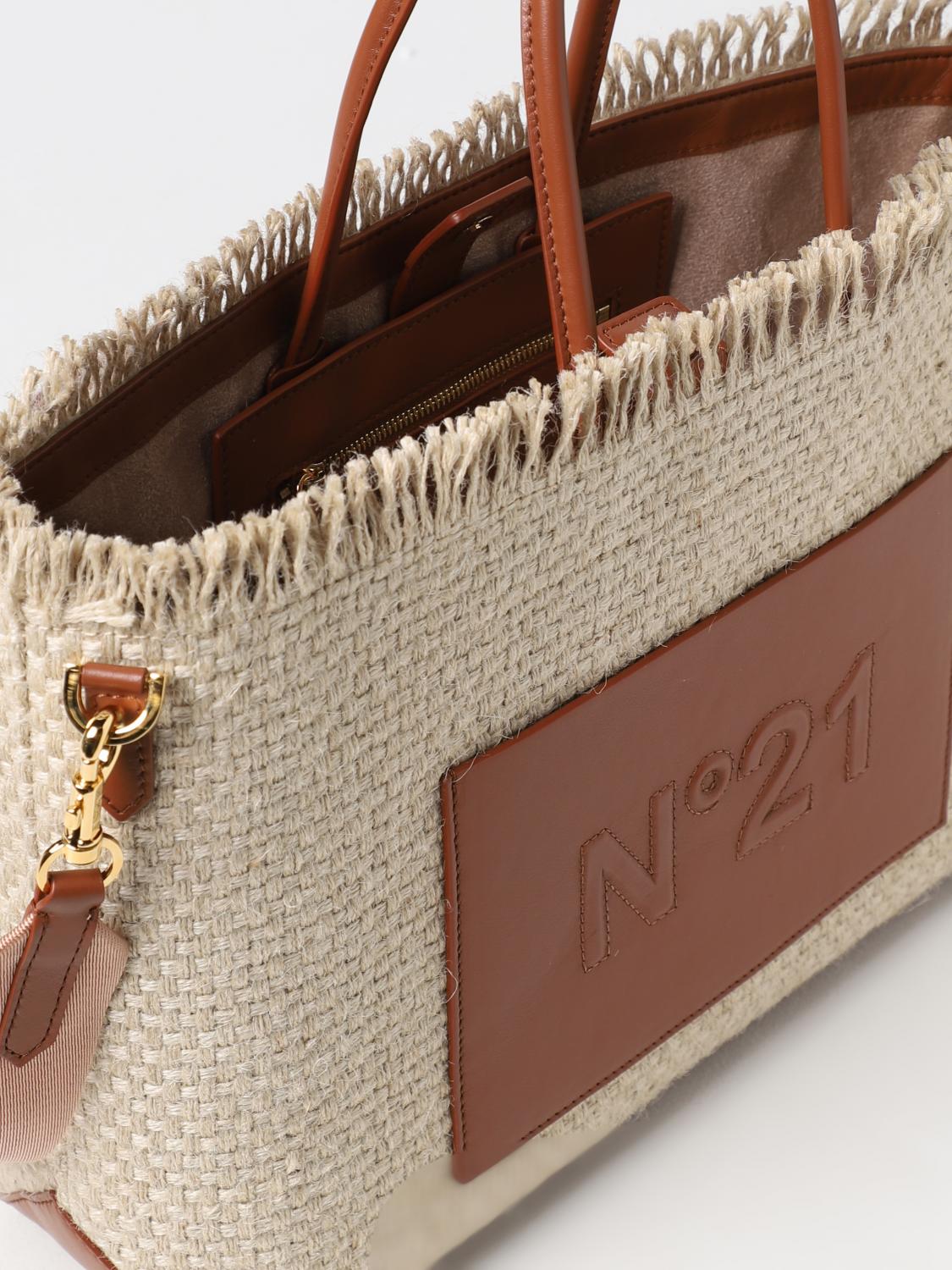 N° 21 BORSA A MANO: Borsa N° 21 in canvas e pelle, Beige - Img 3
