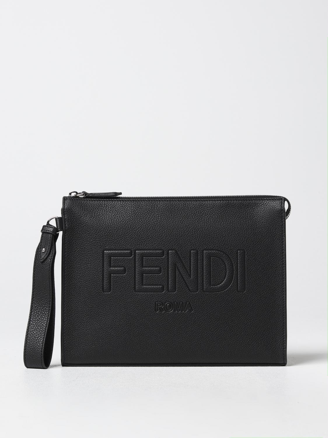 FENDI BRIEFCASE: Fendi clutch in grained leather, Black - Img 1