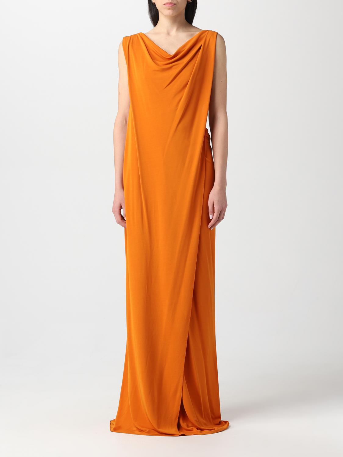 alberta ferretti orange dress Long silk gown with flowing sleeves