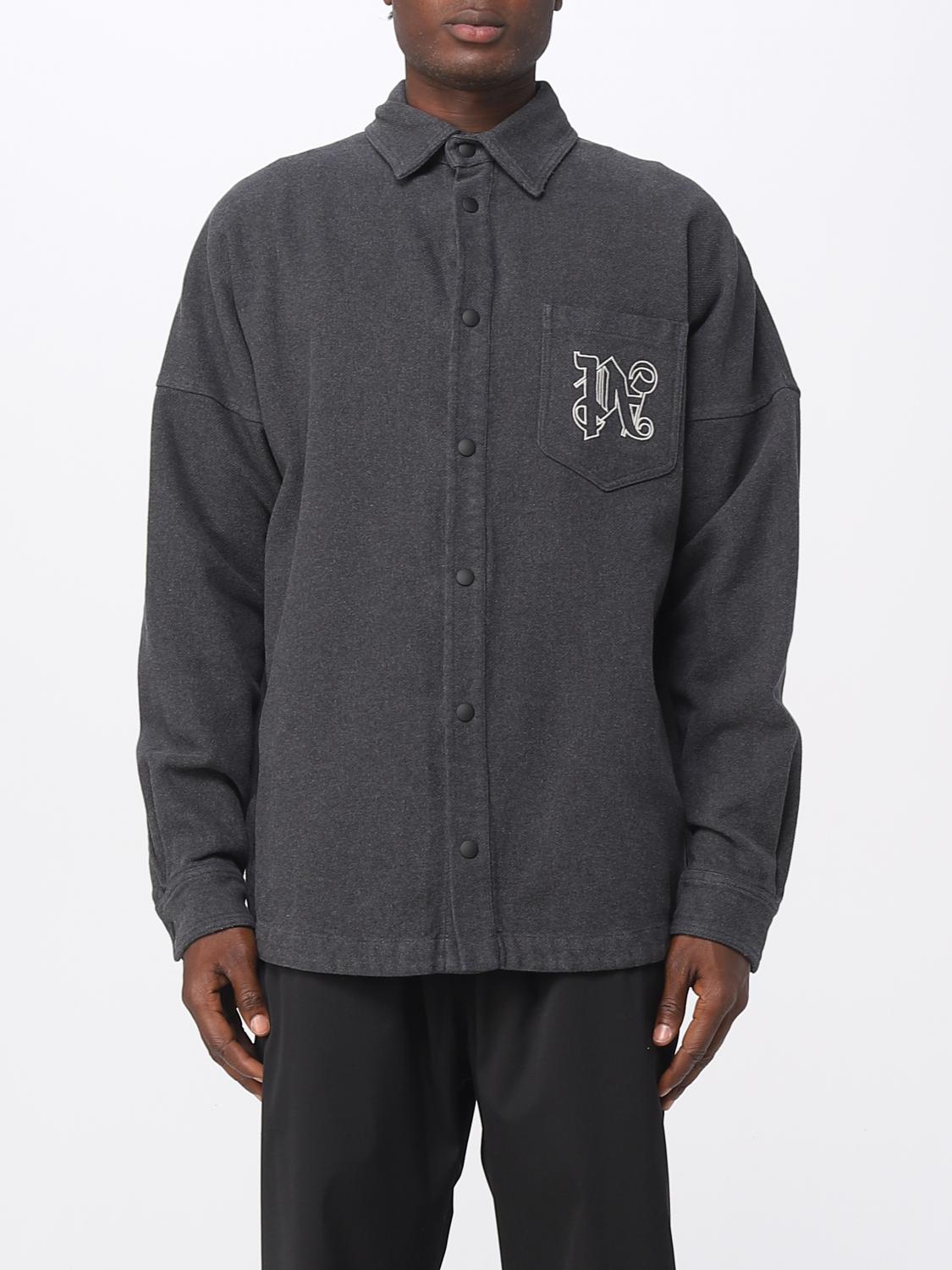 PALM ANGELS SHIRT: Palm Angels flannel overshirt with monogram, Grey - Img 1