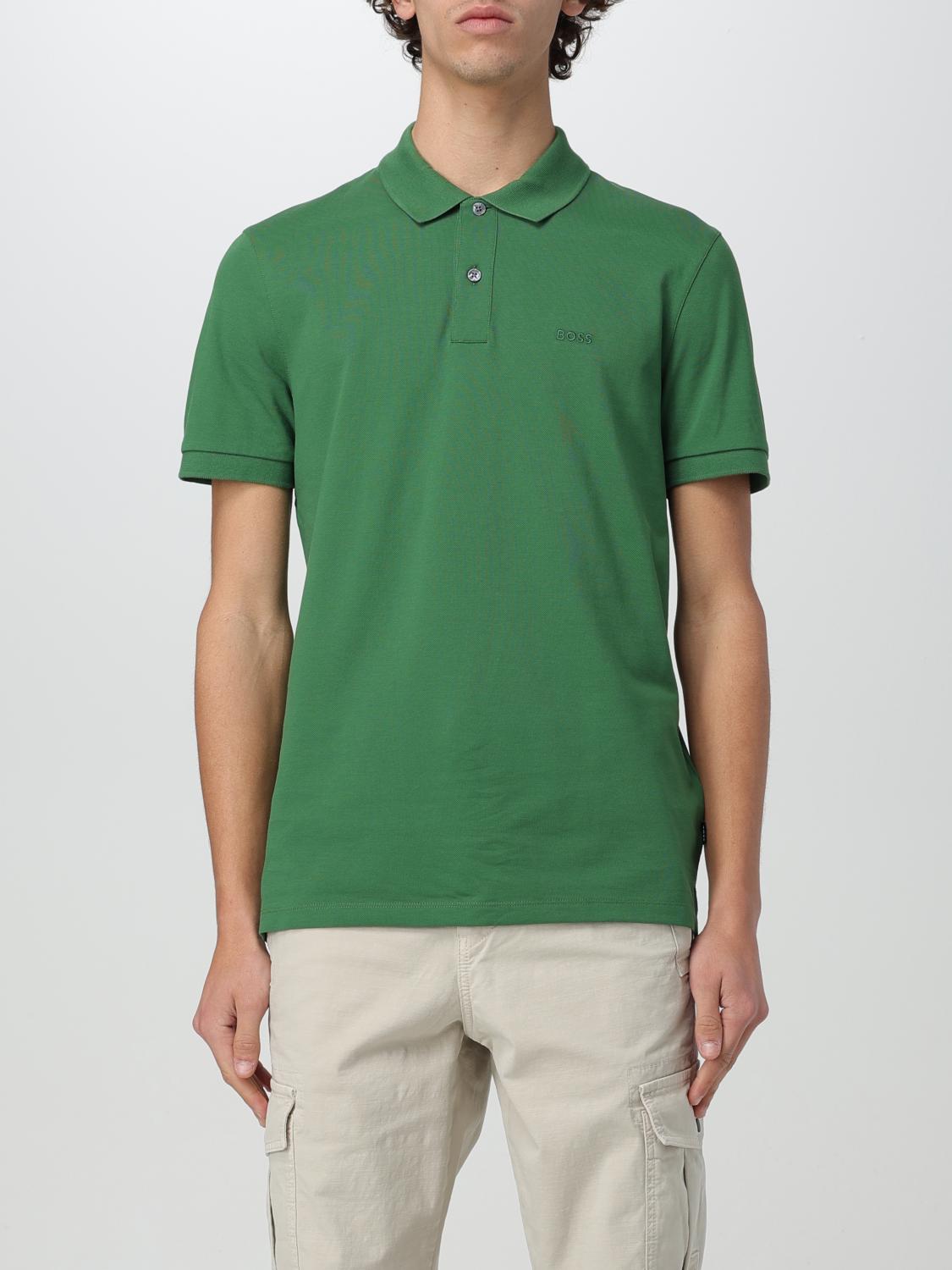 BOSS POLO: Polo Boss in piquet di cotone con logo ricamato , Verde - Img 1