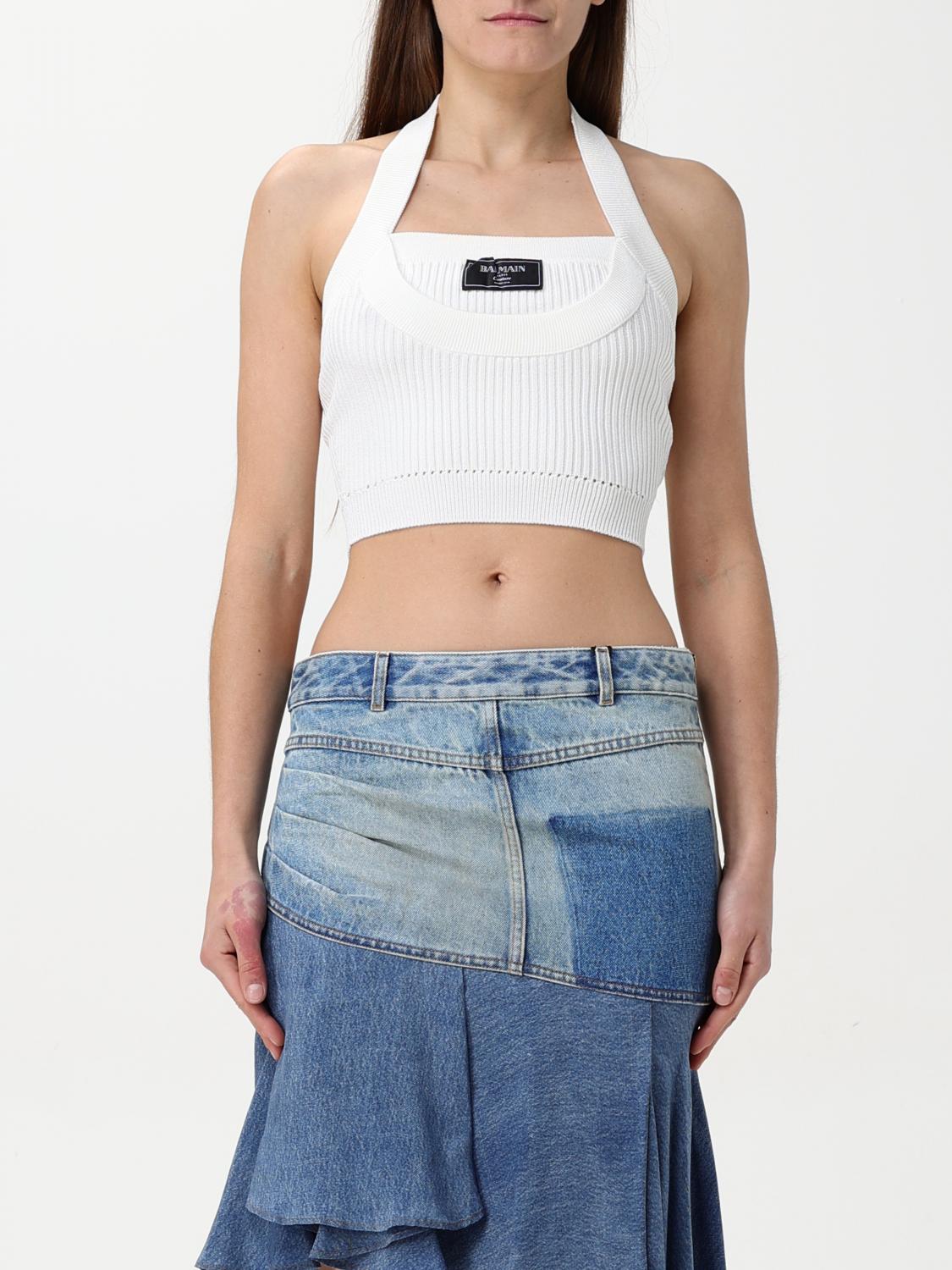 BALMAIN TOP: Top cropped Balmain in jersey , Bianco - Img 1