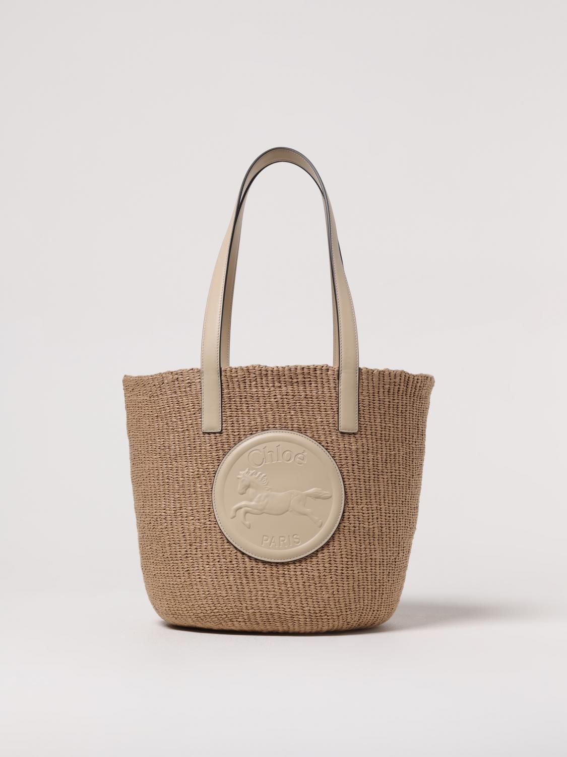 CHLOÉ BORSA TOTE: Borsa Horse Medal Chloè in rafia e pelle , Bianco - Img 1