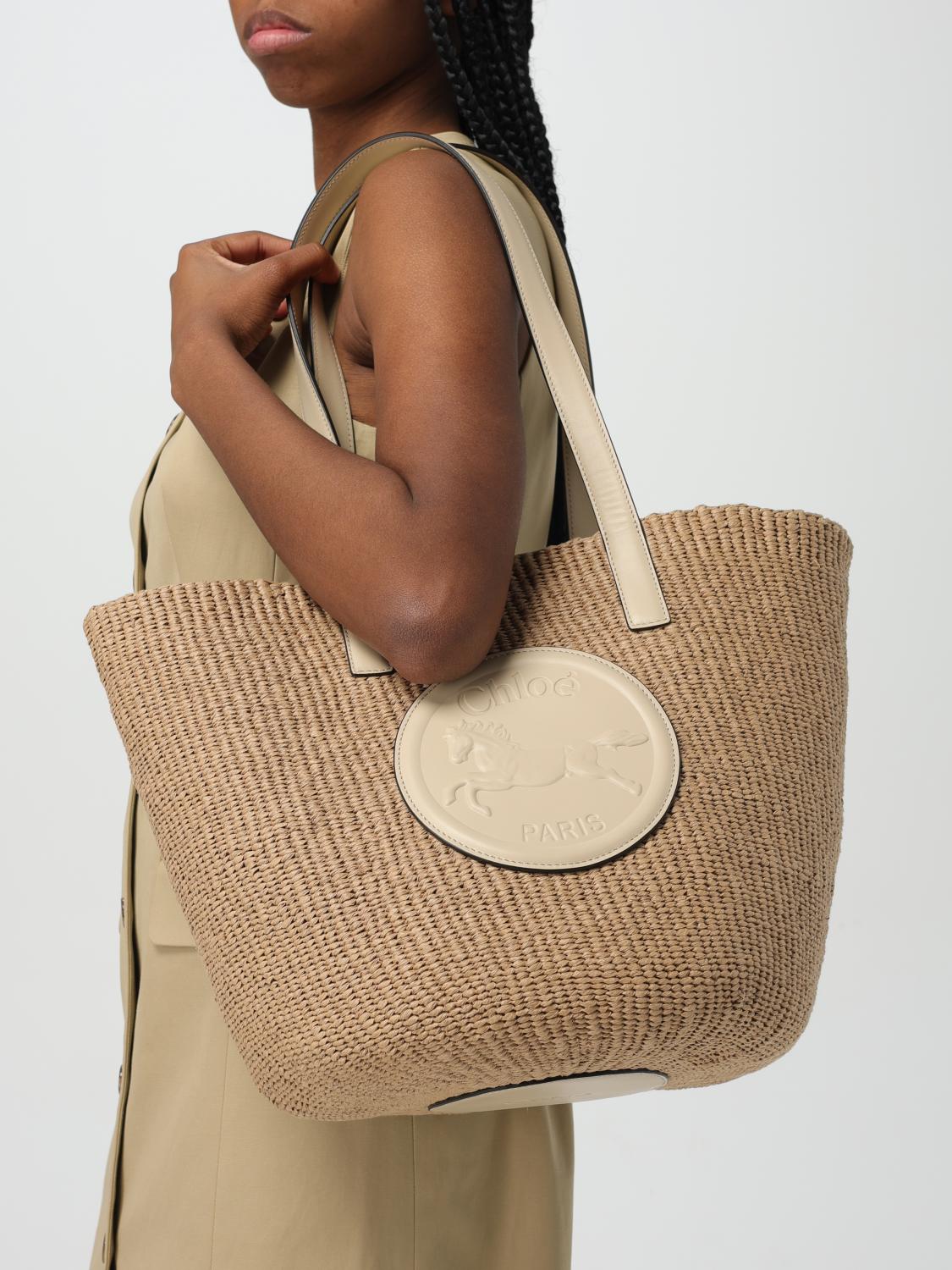 CHLOÉ BORSA TOTE: Borsa Horse Medal Chloè in rafia e pelle , Bianco - Img 2