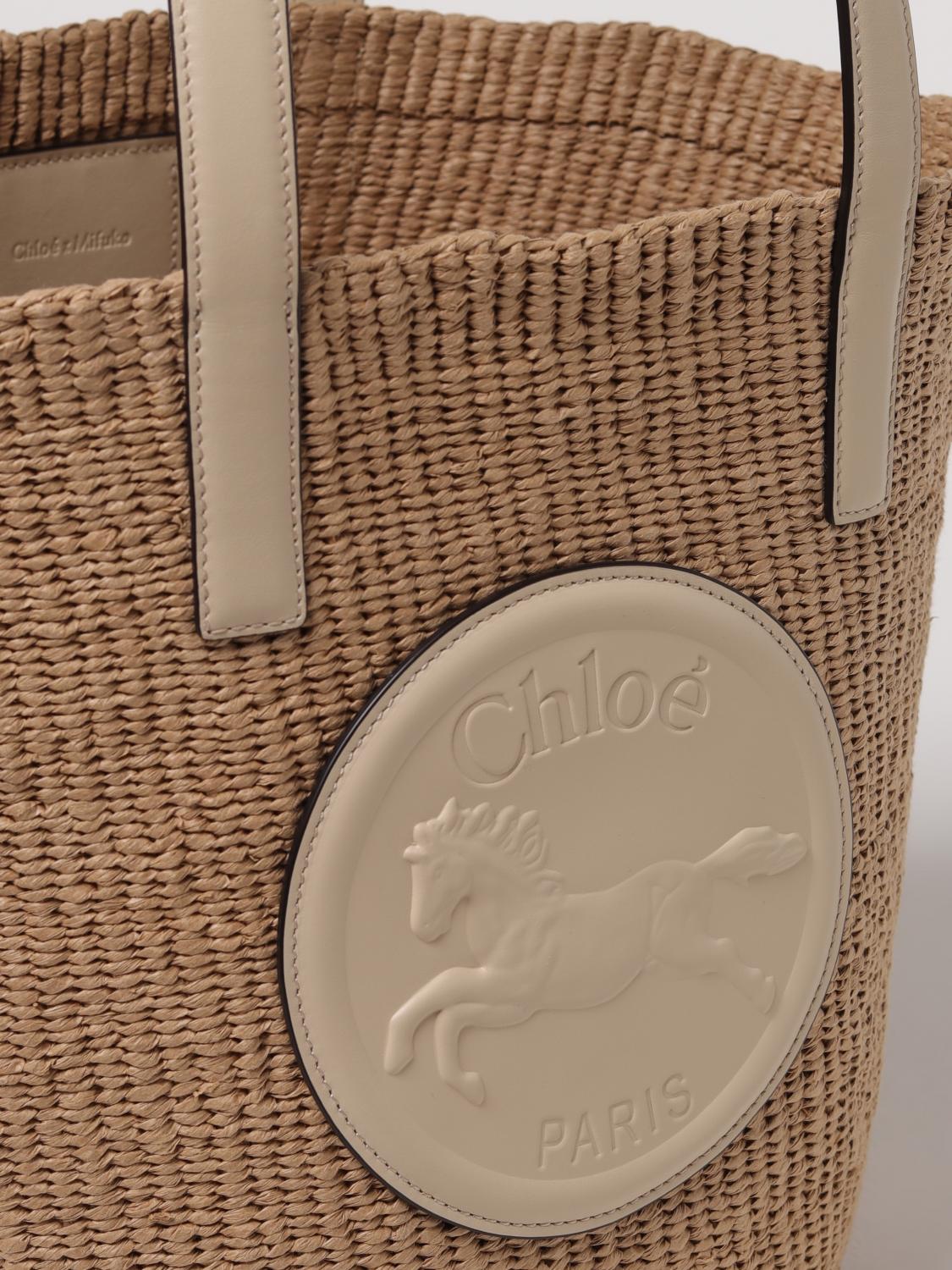 CHLOÉ BORSA TOTE: Borsa Horse Medal Chloè in rafia e pelle , Bianco - Img 4
