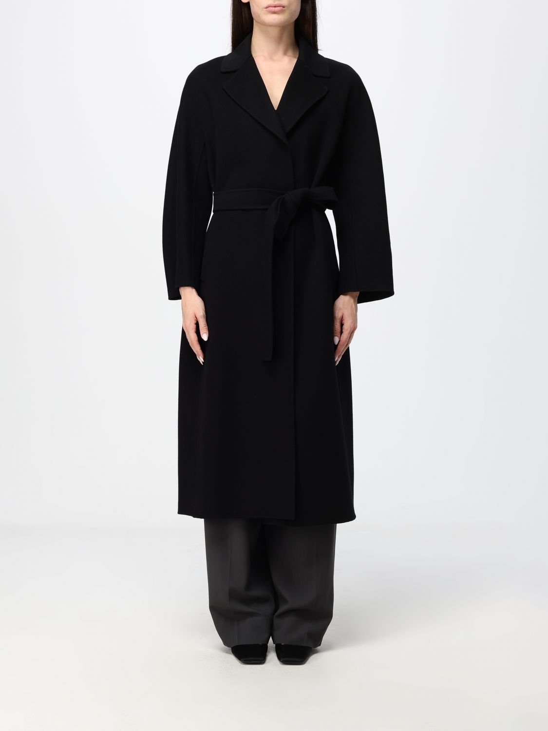 'S MAX MARA 코트: 'S Max Mara 롱 버진 울 로브 코트 (허리 타이 벨트), 블랙 - Img 1
