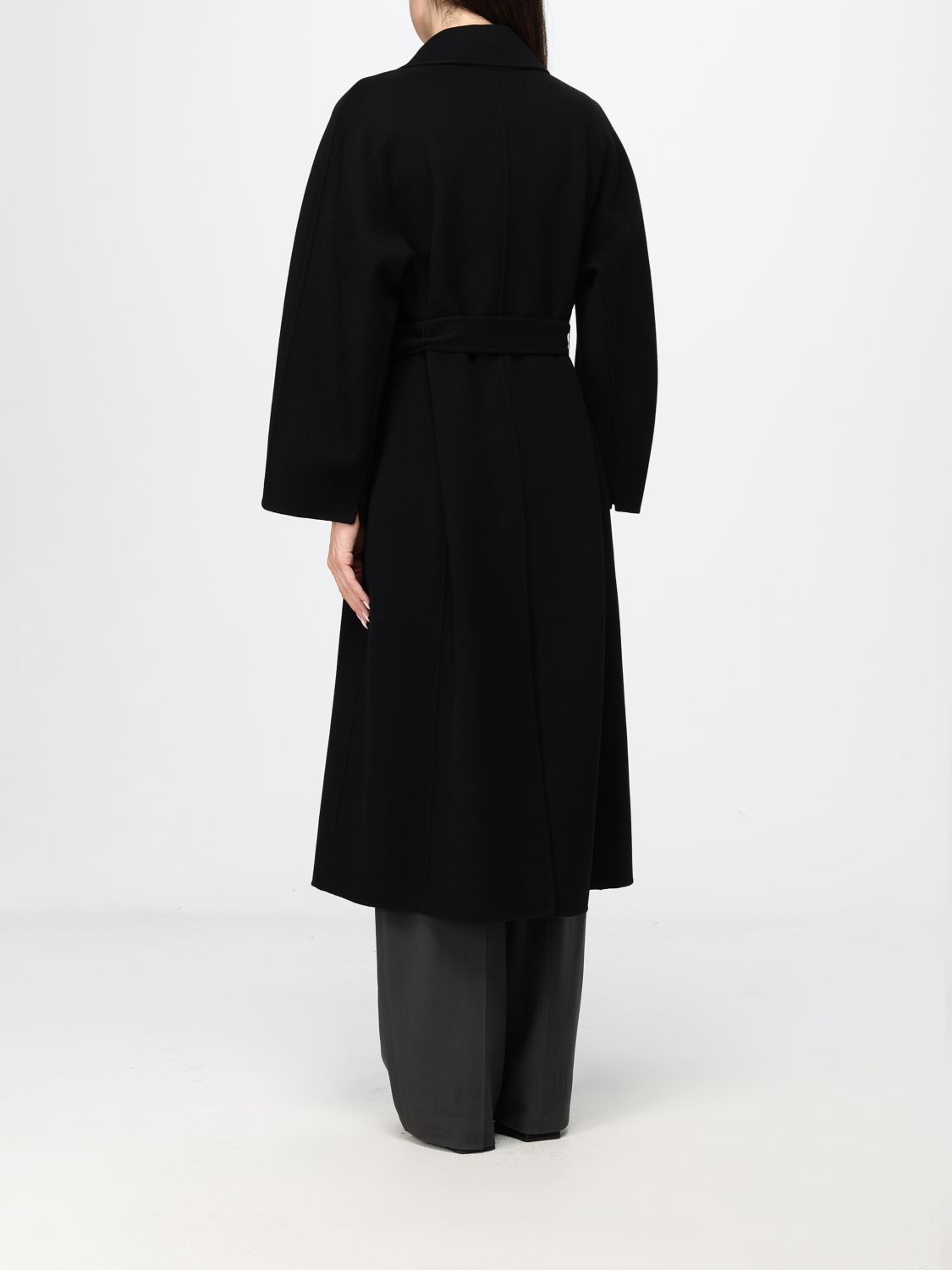 'S MAX MARA 코트: 'S Max Mara 롱 버진 울 로브 코트 (허리 타이 벨트), 블랙 - Img 2