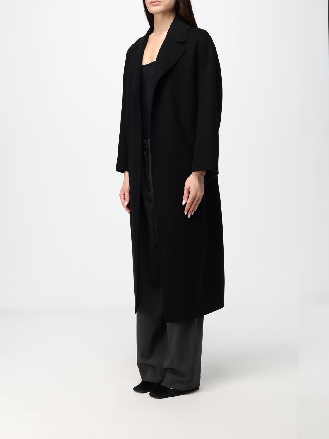 'S MAX MARA 코트: 'S Max Mara 롱 버진 울 로브 코트 (허리 타이 벨트), 블랙 - Img 3