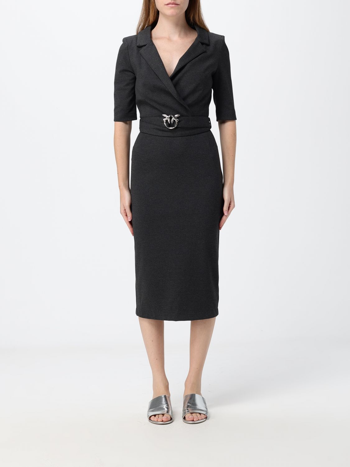 PINKO ABITO: Abito midi a portafoglio Arnebia Pinko con cintura e fibbia logo, Grigio - Img 1