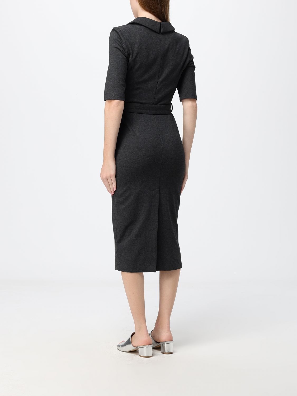 PINKO ABITO: Abito midi a portafoglio Arnebia Pinko con cintura e fibbia logo, Grigio - Img 2