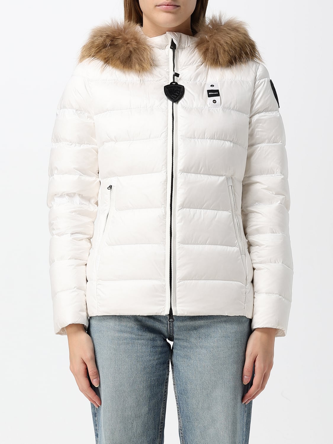 BLAUER GIACCA: Piumino corto Blauer in nylon trapuntato con cappuccio in shearling e vestibilità slim, Bianco - Img 1