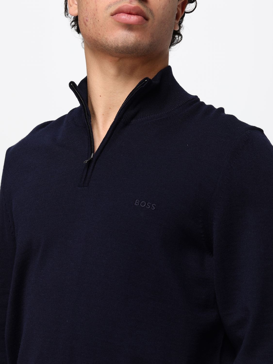 BOSS JERSEY: Jersey de cuello alto Boss de lana virgen con media cremallera, Azul Oscuro - Img 3