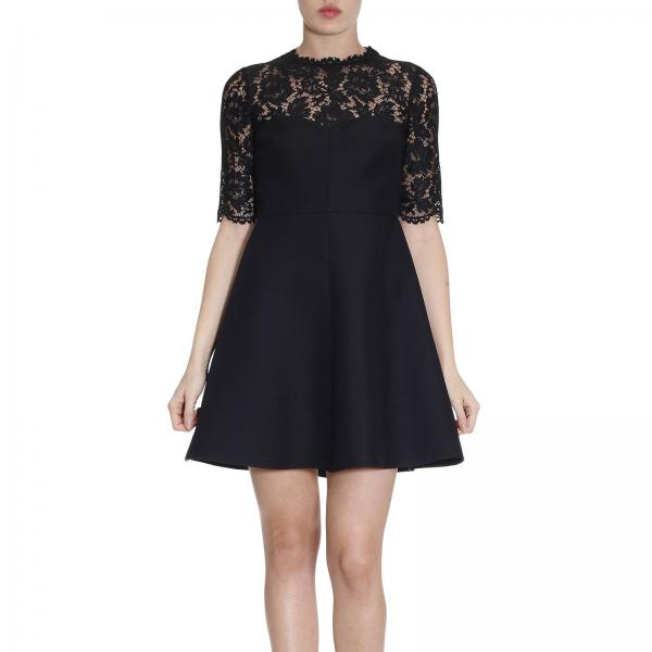 VALENTINO: Flared dress with floral lace and 3/4 sleeves - Black ...