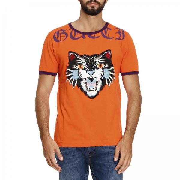 GUCCI: T-shirt in pure cotton with Angry Cat maxi patch and writing | T ...