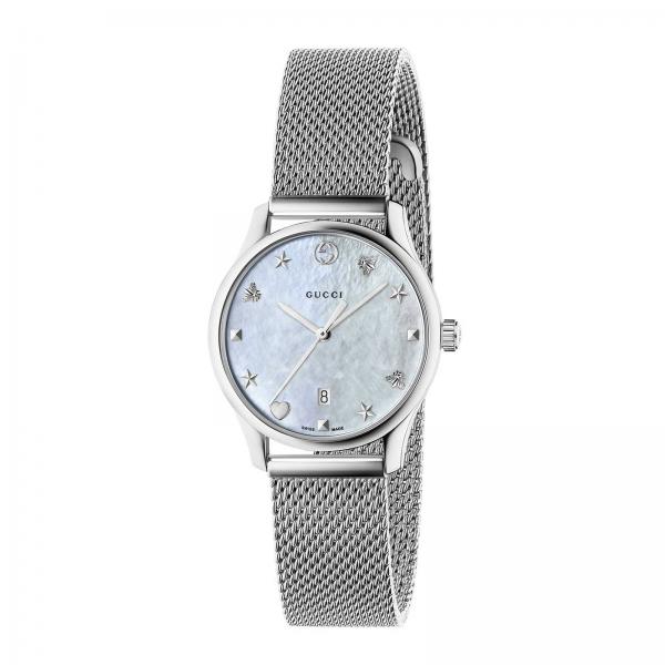 G-Timeless watch case 27 mm in milanese mesh with mother-of-pearl dial