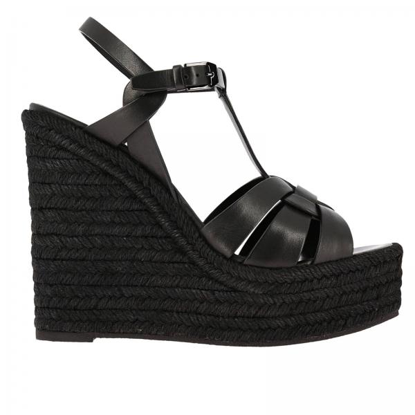 SAINT LAURENT: YSL Tribute wedge sandal in genuine leather and tone-on ...