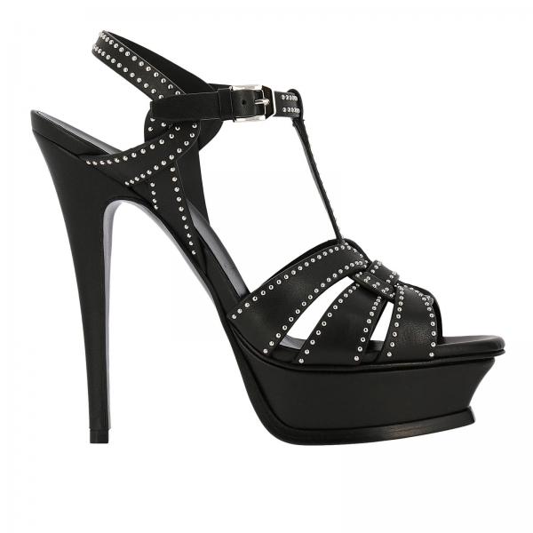 SAINT LAURENT: YSL Tribute sandal in smooth leather with mini metal ...