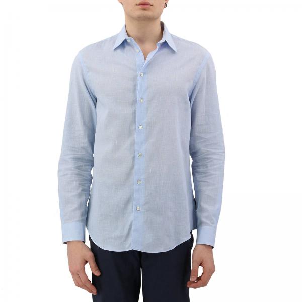 Camicia regular fit in lino e cotone con fantasia pied-de-poule e collo italiano