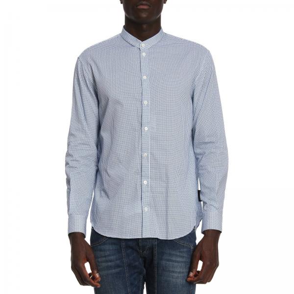 Camicia in cotone a micro fantasia con collo alla coreana