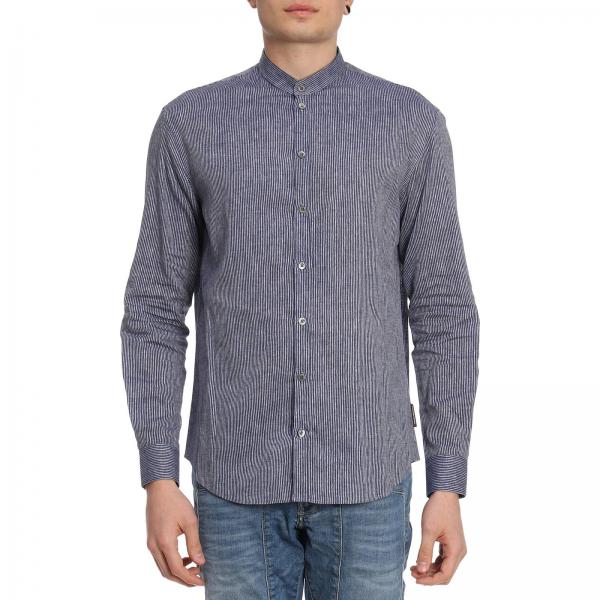 Camicia in cotone e lino a micro righe con collo alla coreana