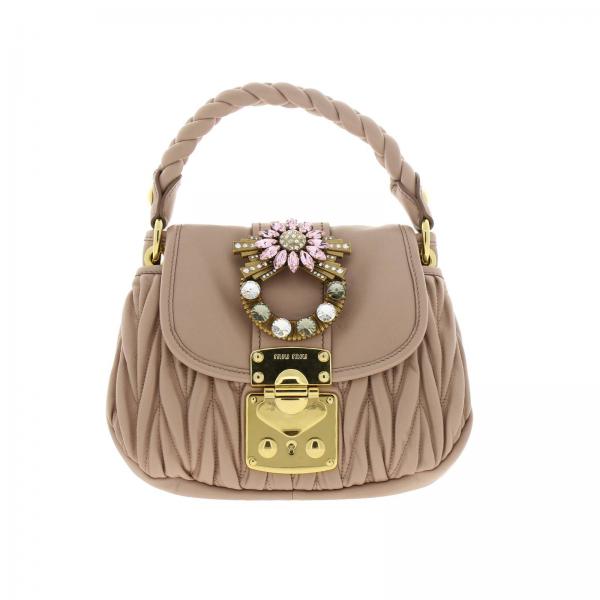 Borsa Coffer small in pelle matelassé laminata con maxi lock gioiello e manico intrecciato