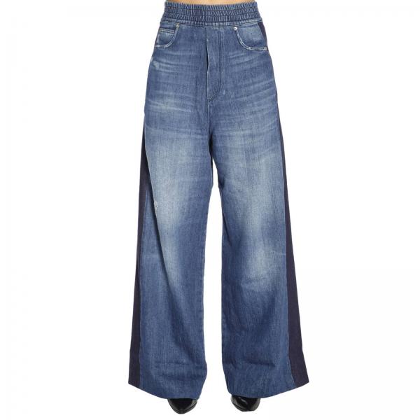 Jeans ampio a 5 tasche stretch used con vita a fascia e bande a contrasto