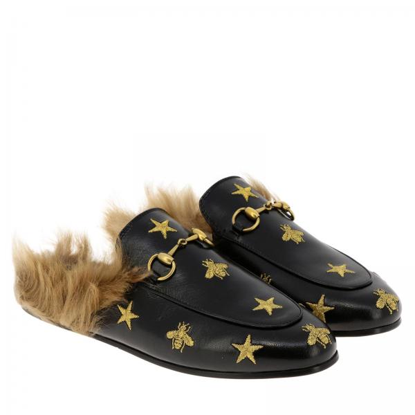 GUCCI: Mocassino Princetown a pantofola in pelle con morsetto metallico  pelliccia e ricami lurex di api e stelle - Nero | Ballerine Gucci 505277  D3VT0 GIGLIO.COM