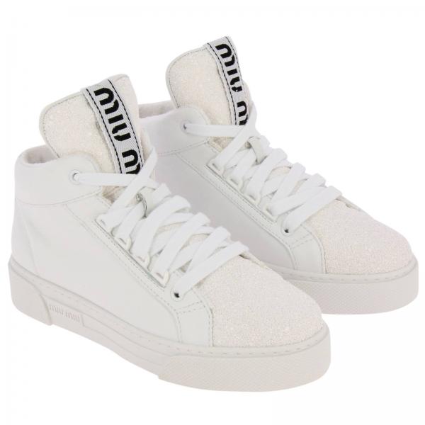 In Micro Logo Miu Stringata Con Polacco A Glitter Pelle Sneakers Liscia E Perline 3KTF1Julc