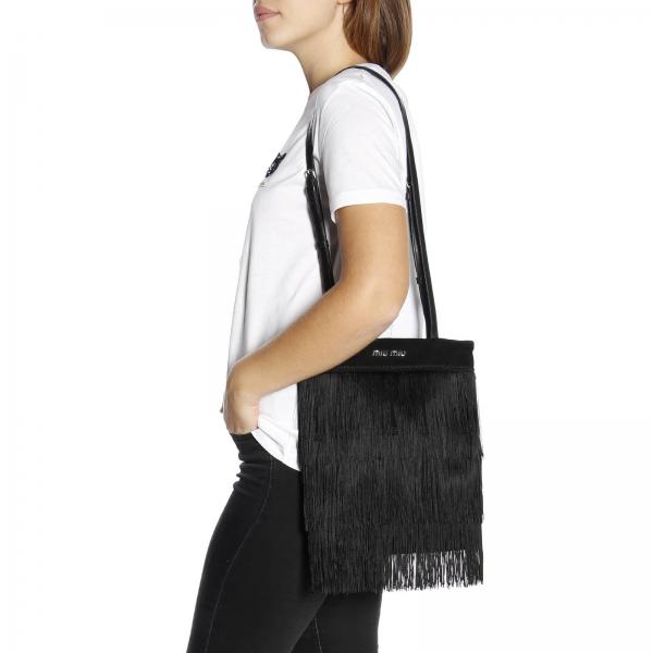 Over Shopping Logo 5bg011 Camoscio Donna Mano Miu A Con In Frange Bag Borsa E NeroMini All 008 Y67byfgv