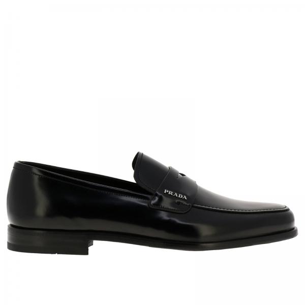 PRADA: loafers in real brushed leather with classic crossbar - Black ...