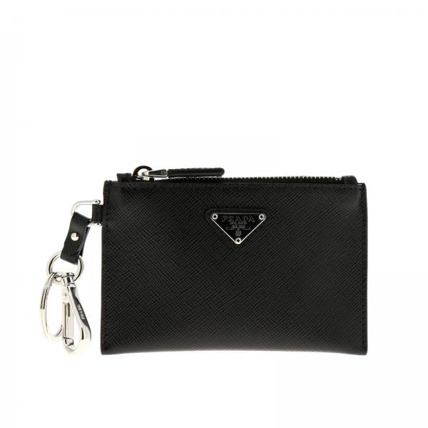 Portachiavi a mini pochette con zip in pelle saffiano con logo triangolare Prada