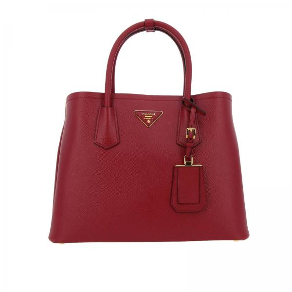 PRADA: double bag in saffiano leather with triangular logo - Red ...