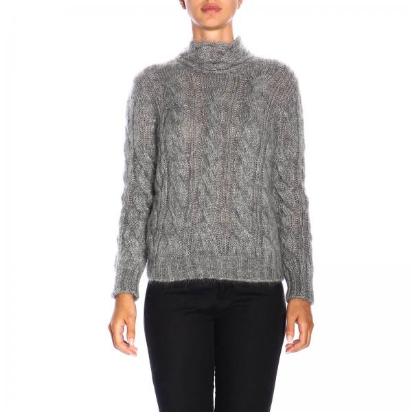 PRADA: turtleneck pullover in braided mohair wool with bow - Grey ...