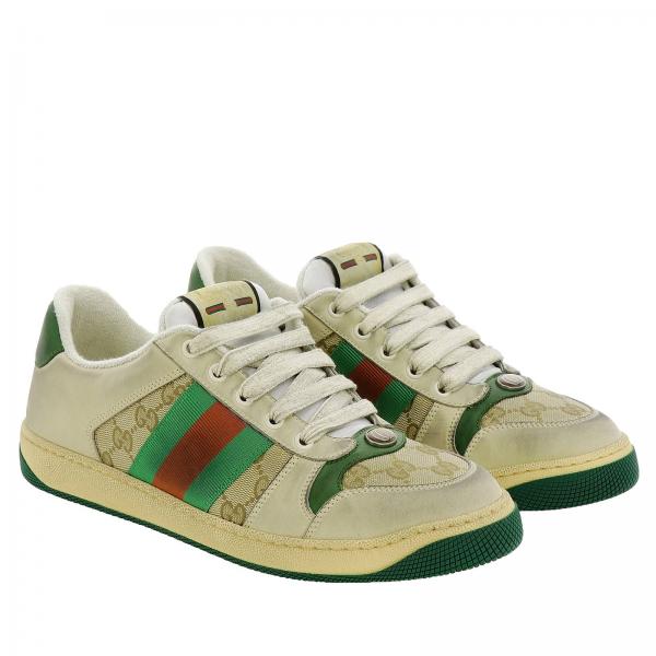 GUCCI: Screener sneakers in vintage leather with Web straps and GG ...