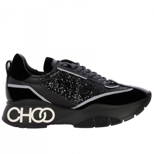 Jimmy Choo Outlet: sneakers in leather velvet with maxi logo glitter section - Black | Jimmy Choo sneakers RAINE VGB online at GIGLIO.COM