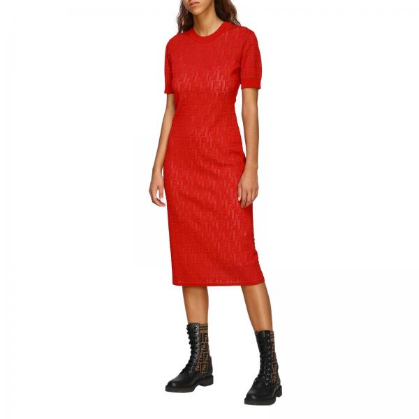 FENDI: Robe à col rond avec monogramme all over - Rouge | Robes Fendi ...