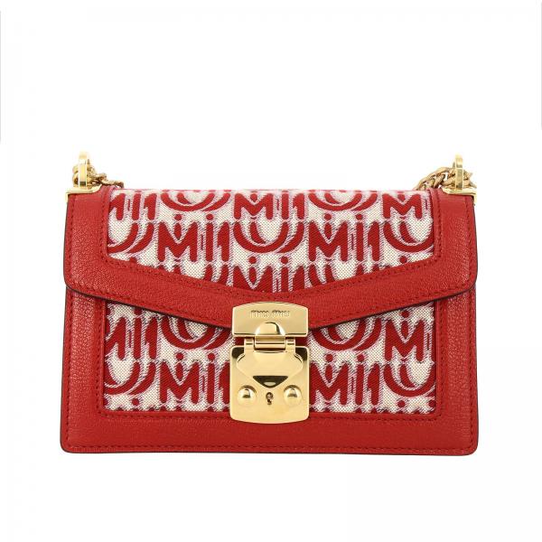 MIU MIU shoulder bag in canvas with all over jacquard logo and leather