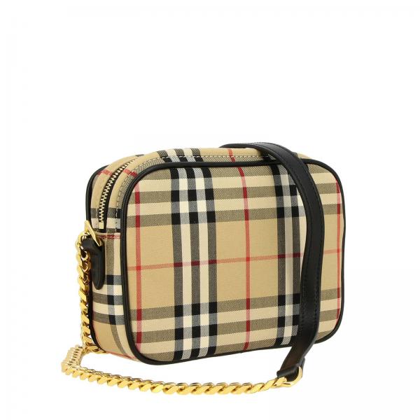 Burberry Outlet Camera bag in leather and check fabric Beige
