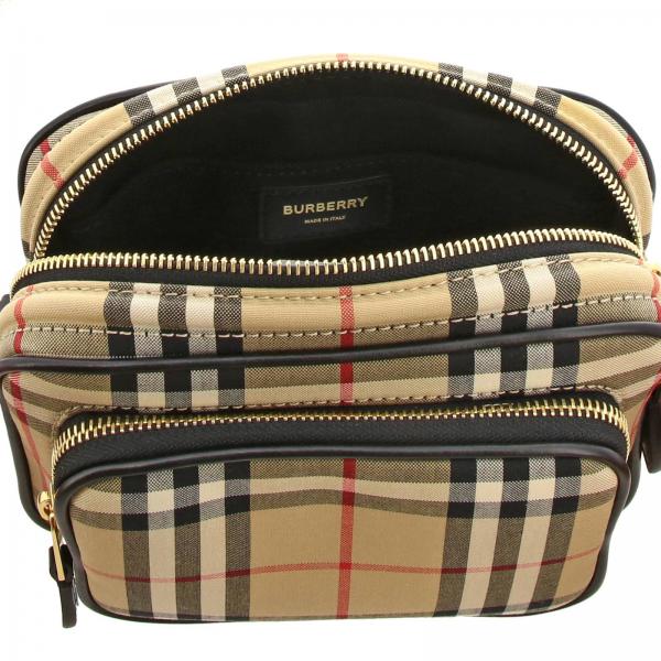 Burberry Outlet Camera bag in leather and check fabric Beige