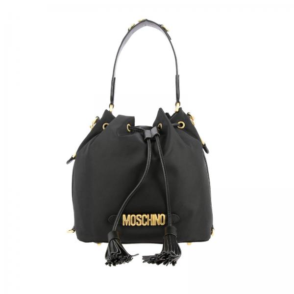 Borsa Moschino Couture a secchiello in nylon con lettering metallico