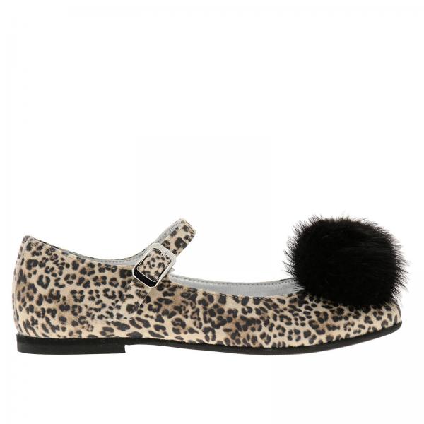 Monnalisa ballet flats in animalier fabric with maxi pompoms