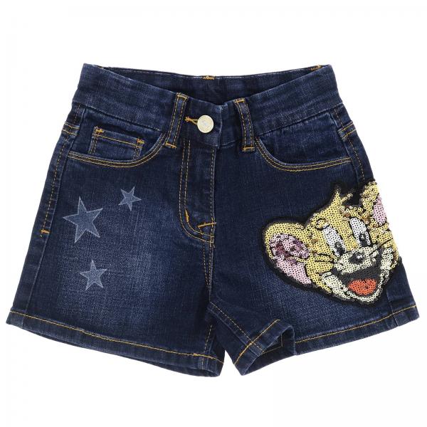 Short en jean Monnalisa slim en denim usé avec taches Jerry et strass