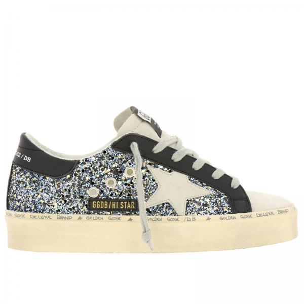 Sneakers Hi star Golden Goose in tessuto glitter con stella in camoscio e suola platform