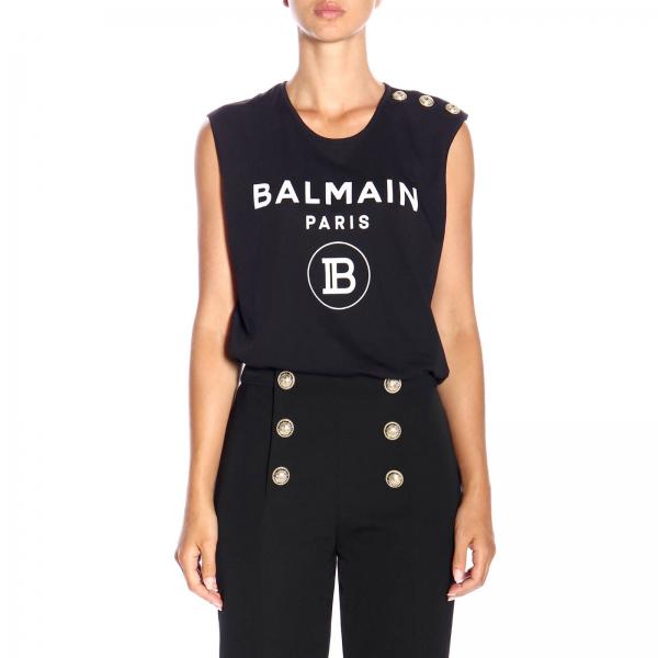 Balmain Outlet Top a girocollo senza maniche con maxi stemma e bottoni