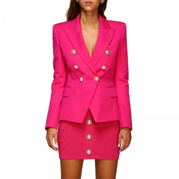 Balmain Outlet: double-breasted jacket with jewel buttons - Fuchsia ...