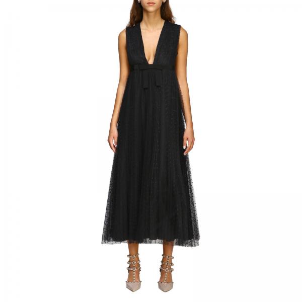 RED VALENTINO: long dress in tulle point d'esprit with contrasting bow ...